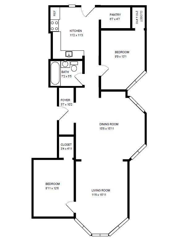 Floor plan for 2 beds, 1 bath, 906 sqft